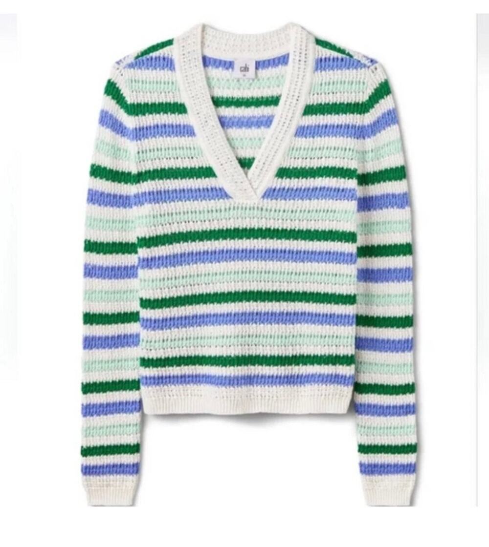 Cabi Serena Pullover Sweater #6771 Blue Green White Stripe Size Small